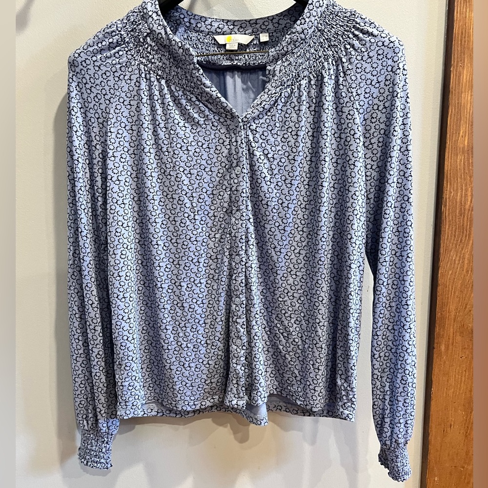 Boden Light Blue Polka Dot Stretch Button Down Blouse - Size 10